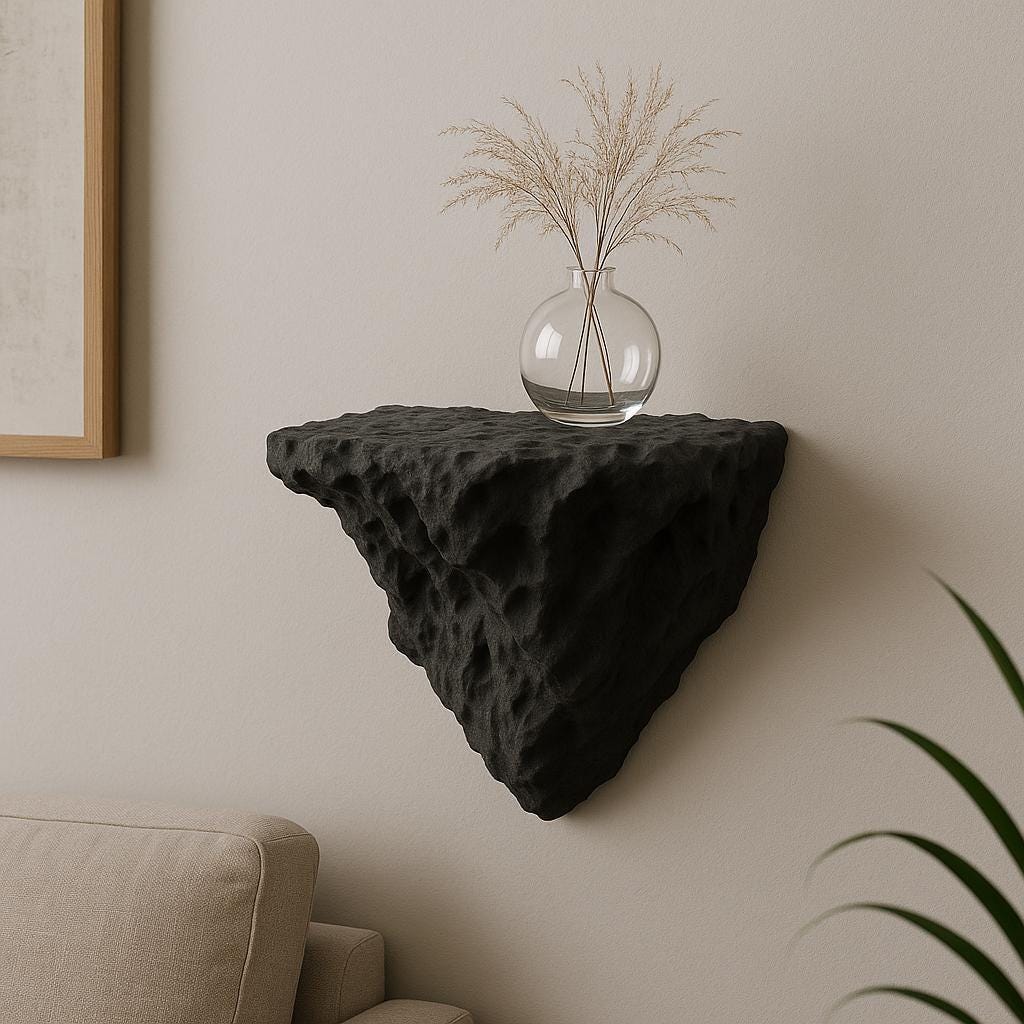A black 3D printed wall-mounted shelf with a rugged, rock-like texture and triangular shape, displayed in a minimalist interior. The shelf holds a round glass vase with dried ornamental grass, and is mounted above a beige couch against a soft-toned wall.