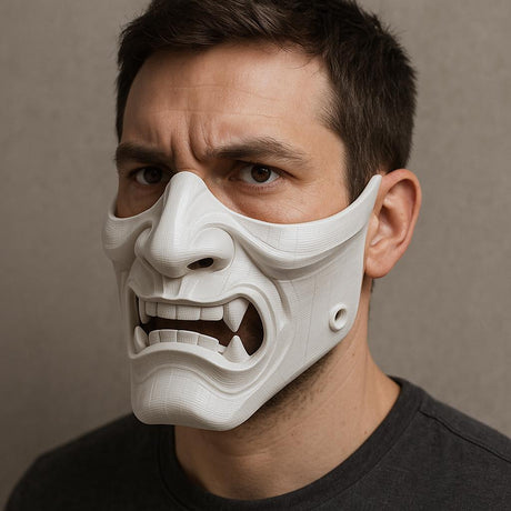 A man wearing a white 3D-printed half-face mask with a fierce, snarling expression and visible fangs, shown in a close-up angled view.