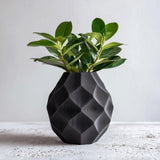 Black 3D printed geometric vase with faceted texture, holding green leafy plant, displayed on a minimalist white surface