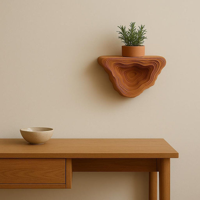 A sculptural 3D printed wall shelf in terracotta color with layered topographic design, mounted on a neutral wall and holding a small potted plant.