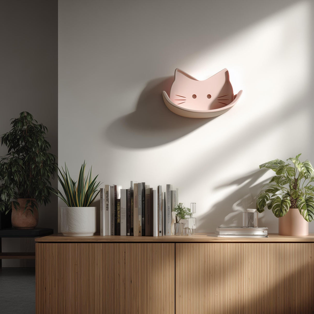 3D printed cat face wall shelf in soft pink, mounted above a wooden cabinet, styled with plants and books in a cozy modern room