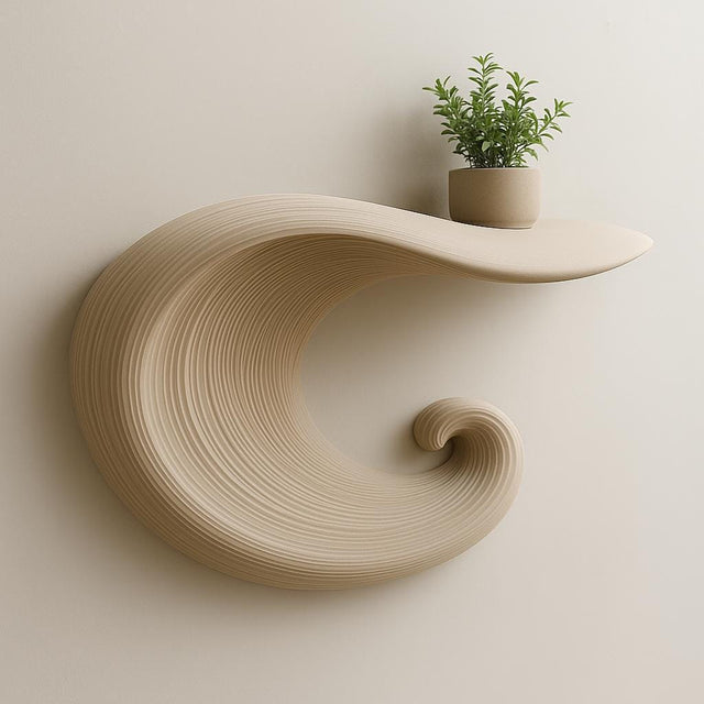 A beige 3D printed floating shelf in the shape of a curling wave, mounted on a light wall and holding a small potted plant on top.