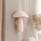 3D printed wall decor shaped like a soft pastel ribbed mushroom with elongated stem, minimalist matte PLA sculpture mounted on a neutral interior wall