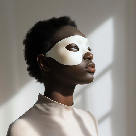Adult person wearing a minimalist white 3D printed eye mask, standing in soft natural light against a neutral interior background.
