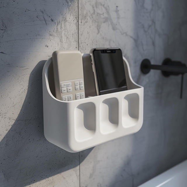 3D printed white wall-mounted organizer shelf with two upper compartments for phone and remote and three small front pockets, installed above a bathroom sink on a textured grey wall.