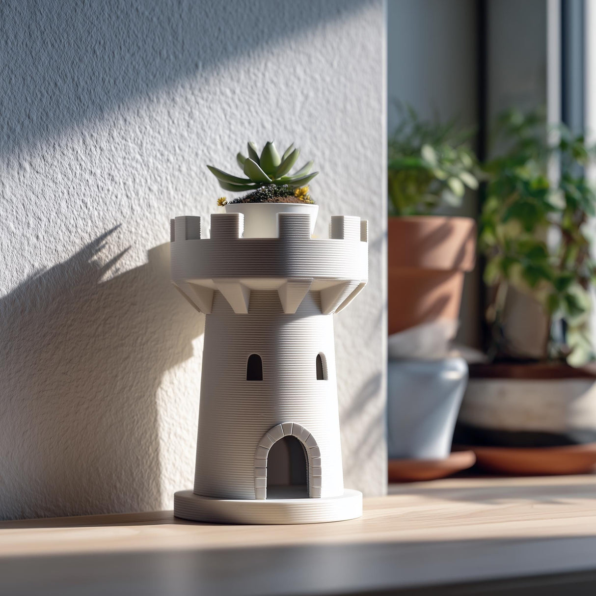 3D printed planter shaped like a small castle tower or rook, holding a succulent on a windowsill, with soft natural light and other plants in the background.