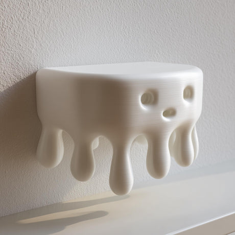 3D printed wall shelf shaped like a rounded dripping blob with a small face on the front, mounted on a light textured wall.