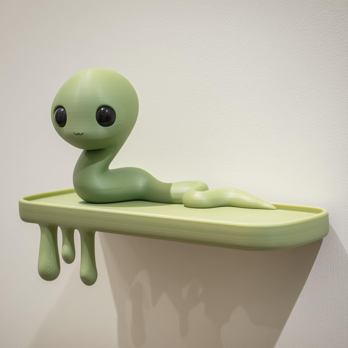 3D printed wall shelf with a long wiggly creature character on a slim ledge and dripping supports beneath, made from matte PLA plastic on a light wall.