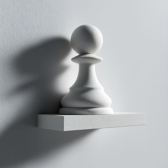 3D printed wall shelf with a large minimalist chess pawn integrated into a small rectangular ledge, made from matte PLA plastic on a light wall.