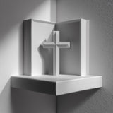 3D printed matte PLA corner wall shelf with a simple cross standing in a three-sided niche, mounted in a room corner with soft daylight.