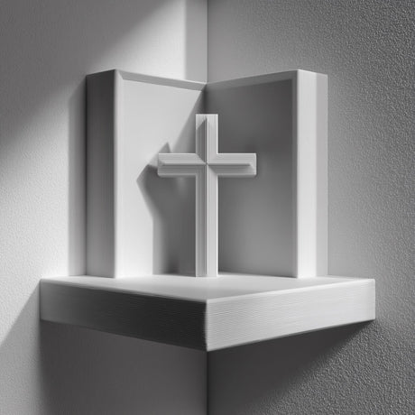 3D printed matte PLA corner wall shelf with a simple cross standing in a three-sided niche, mounted in a room corner with soft daylight.