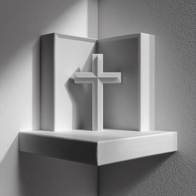 3D printed matte PLA corner wall shelf with a simple cross standing in a three-sided niche, mounted in a room corner with soft daylight.