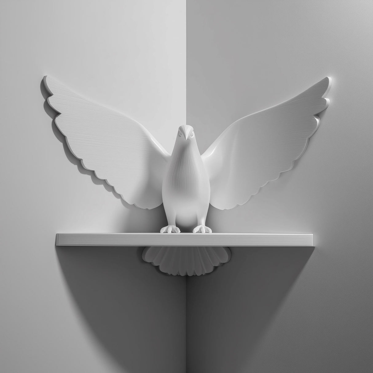 3D printed matte PLA corner wall shelf with a dove figure and wide open wings mounted across a 90° room corner.