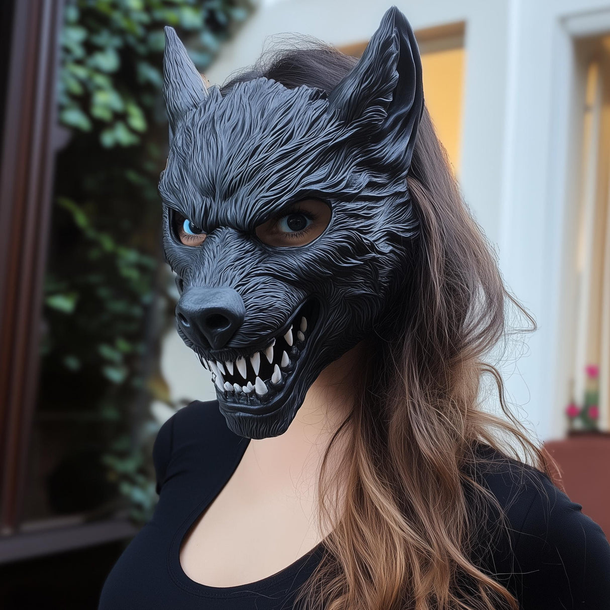 Woman wearing a detailed black 3D printed werewolf mask with sharp teeth and pointed ears, posing outdoors in a dark outfit.
