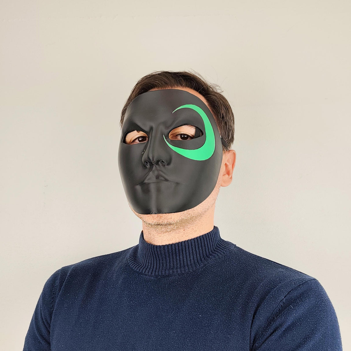 Full Face Mask for Cosplay | 3D Printed Black Mask with Green Eye Detail | Halloween Costume Prop | Adjustable Fit for Adults