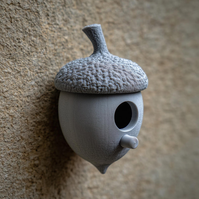 3D printed acorn-shaped birdhouse with round entrance and small cylindrical perch made of matte PLA plastic, mounted on a textured exterior wall.
