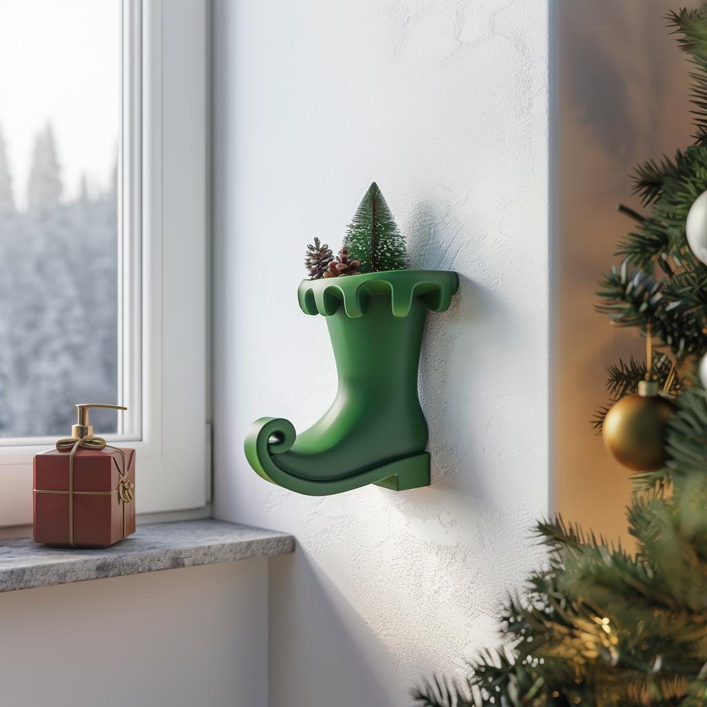 3D Printed Elf Boot Wall Vase Shelf | Whimsical Christmas Decoration | Festive Holiday Wall Decor Accent for Cozy Modern Homes & Kitchens