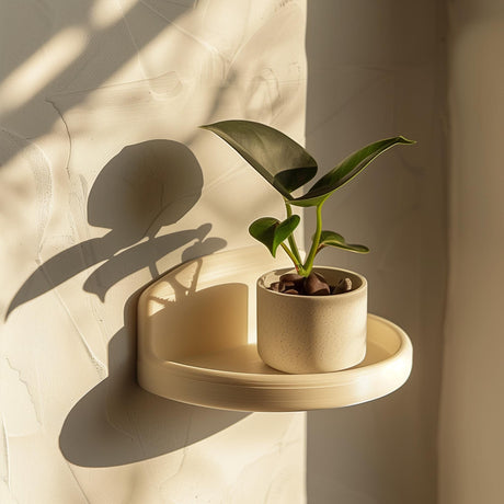 3D printed minimalist round wall shelf made from matte PLA, used as a small floating ledge holding a plant pot, mounted on a softly textured light wall