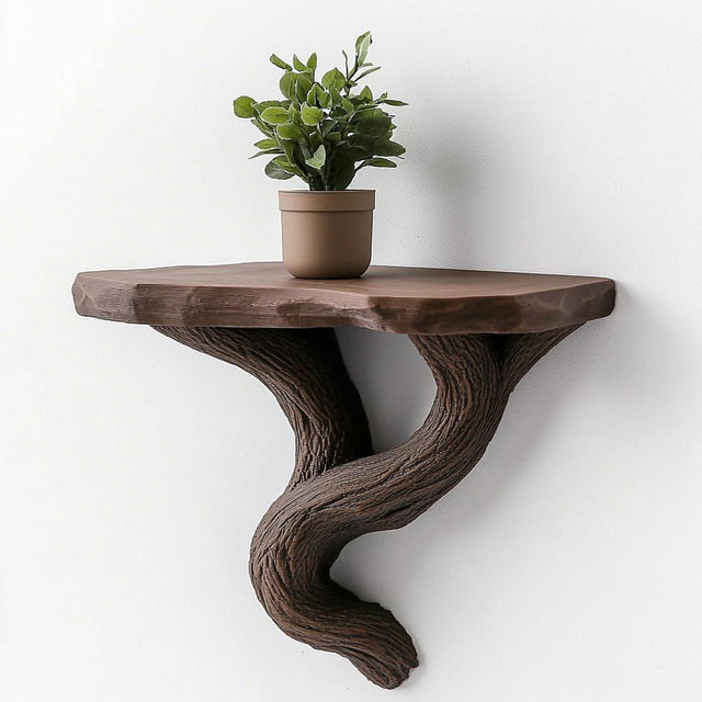 Small brown wall-mounted shelf with a twisted vine-like base holding a potted plant, 3D printed in organic wood-texture style.