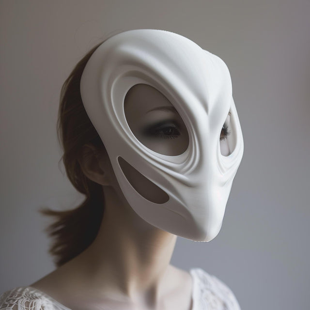 3D printed futuristic alien mask in matte white, worn by an adult model indoors, minimalist sci-fi cosplay or artistic face accessory