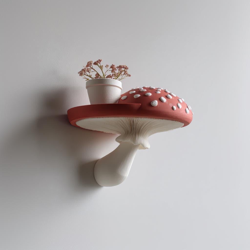 3D Printed Amanita Mushroom Wall Shelf | Fantasy Toadstool Floating Display | Magical 3D Printed Accent for Cottagecore and Cozy Interiors