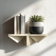 3D printed geometric wall shelf in cream color, holding books and a potted plant, displayed as modern floating wall decor