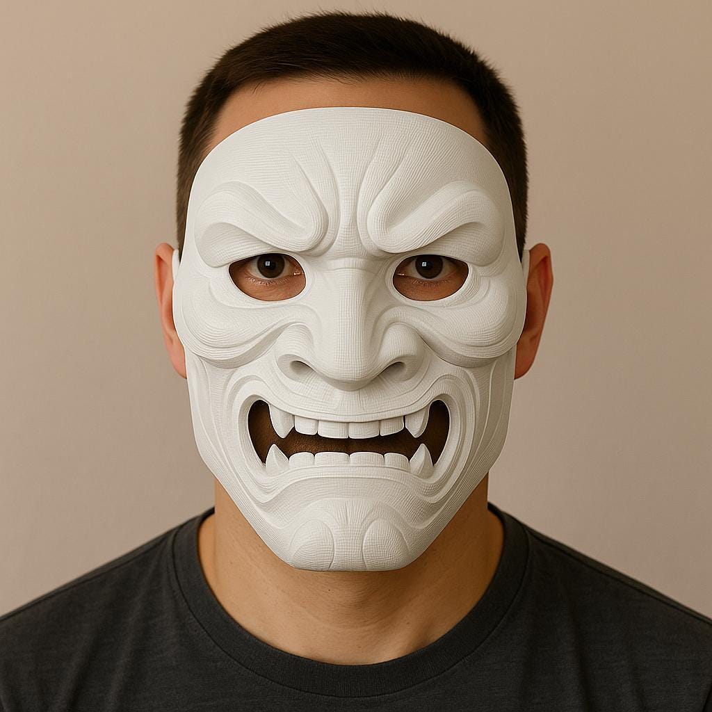Man wearing a full-face white 3D printed Oni mask with sharp fangs and intense expression, ideal for cosplay or Halloween.