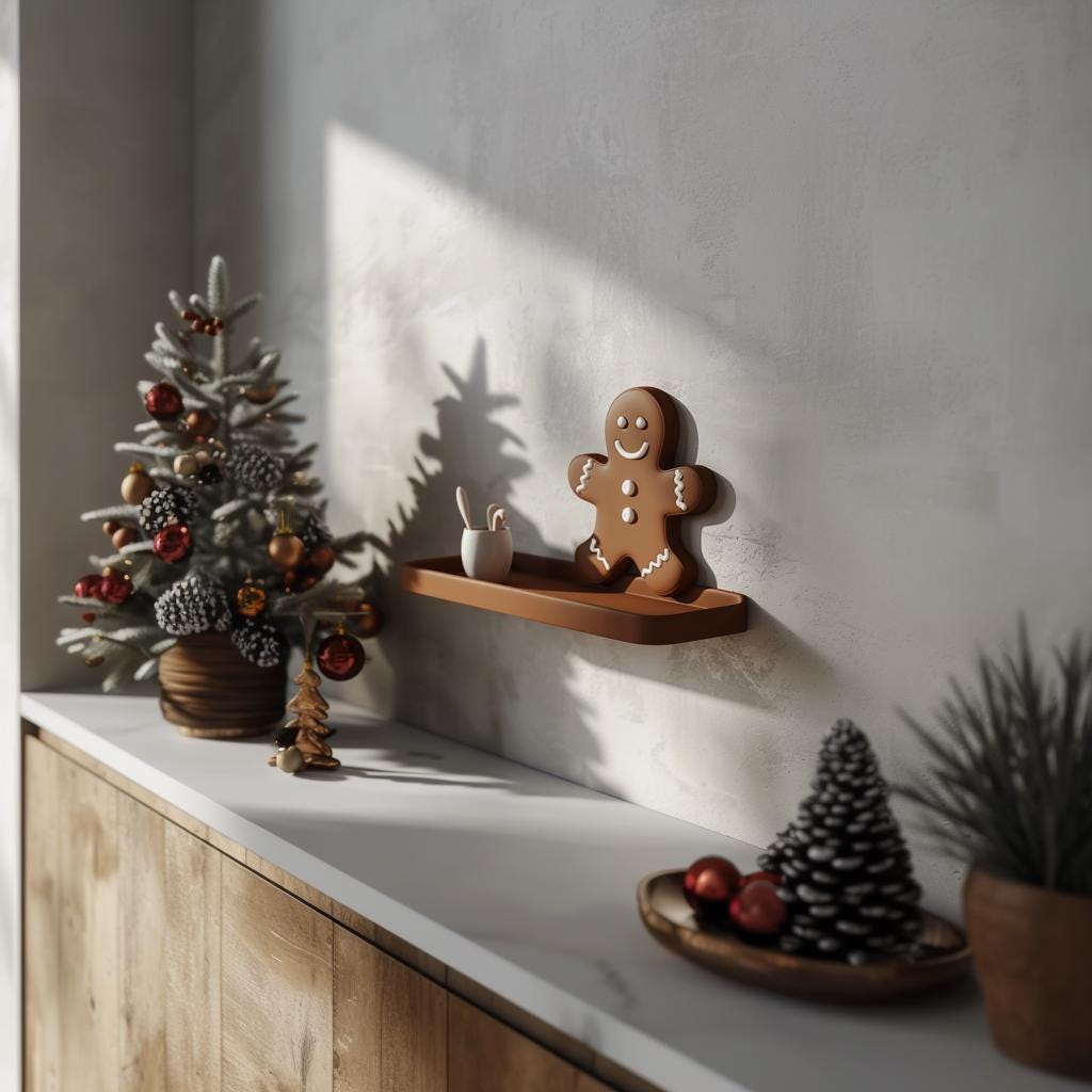 3D Printed Gingerbread Man Wall Shelf | Modern Christmas Floating Shelf Design | Unique Holiday Home Decor