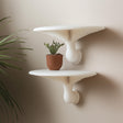 &quot;Pair of white 3D printed mushroom-inspired wall shelves mounted on a neutral wall, styled with a terracotta potted cactus.&quot;