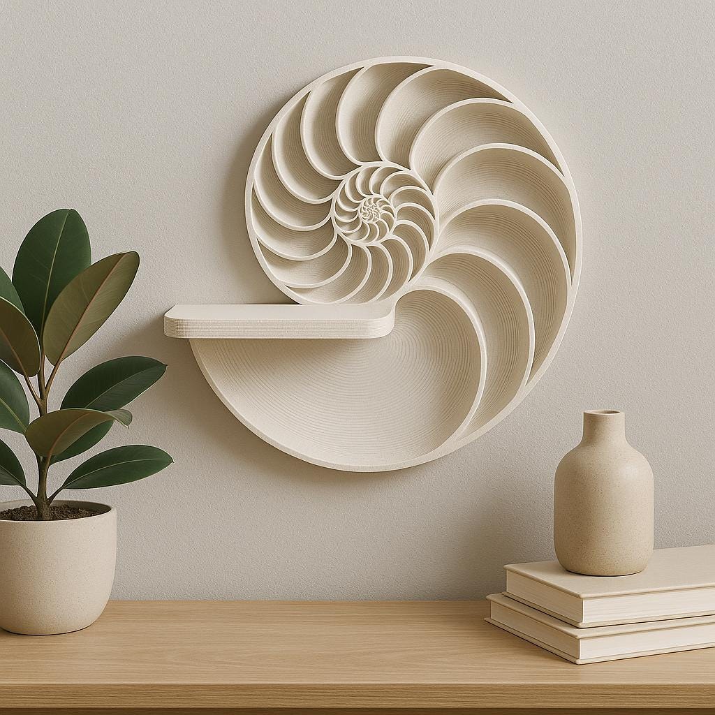 3D printed beige wall shelf inspired by a nautilus shell spiral, mounted above a wooden console with neutral minimalist decor.