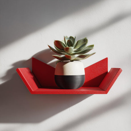 3D printed geometric wall shelf in red, holding a potted succulent, displayed as modern aesthetic wall decor