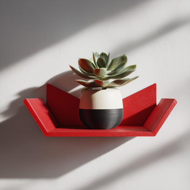 3D printed geometric wall shelf in red, holding a potted succulent, displayed as modern aesthetic wall decor