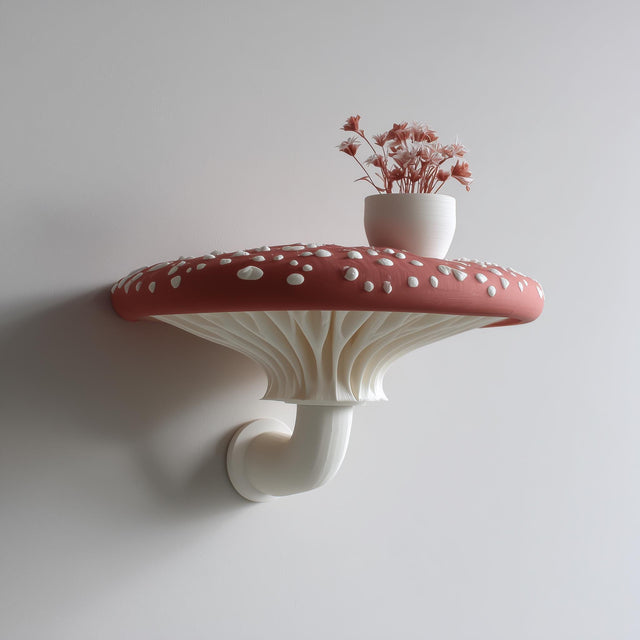 3D printed wall shelf shaped like a large red and white amanita mushroom, with sculpted gills and curved stem, used as a small floating ledge holding a vase.