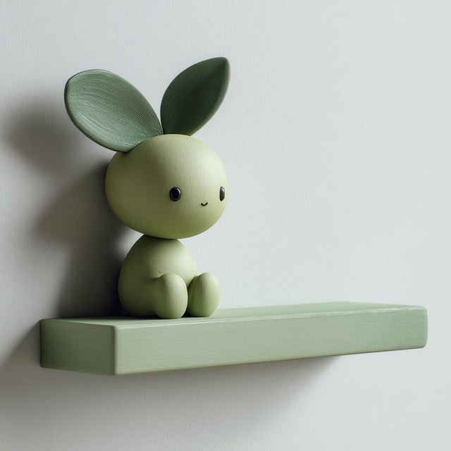 3D printed wall shelf with a small leaf-eared character sitting on a slim ledge, made of matte PLA plastic and mounted on a light interior wall.