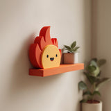 3D Printed Fire Sprite Wall Shelf | Minimalist Flame Character Floating Ledge Display | Cute Fun Room Decor Accent for Cozy Home Interiors