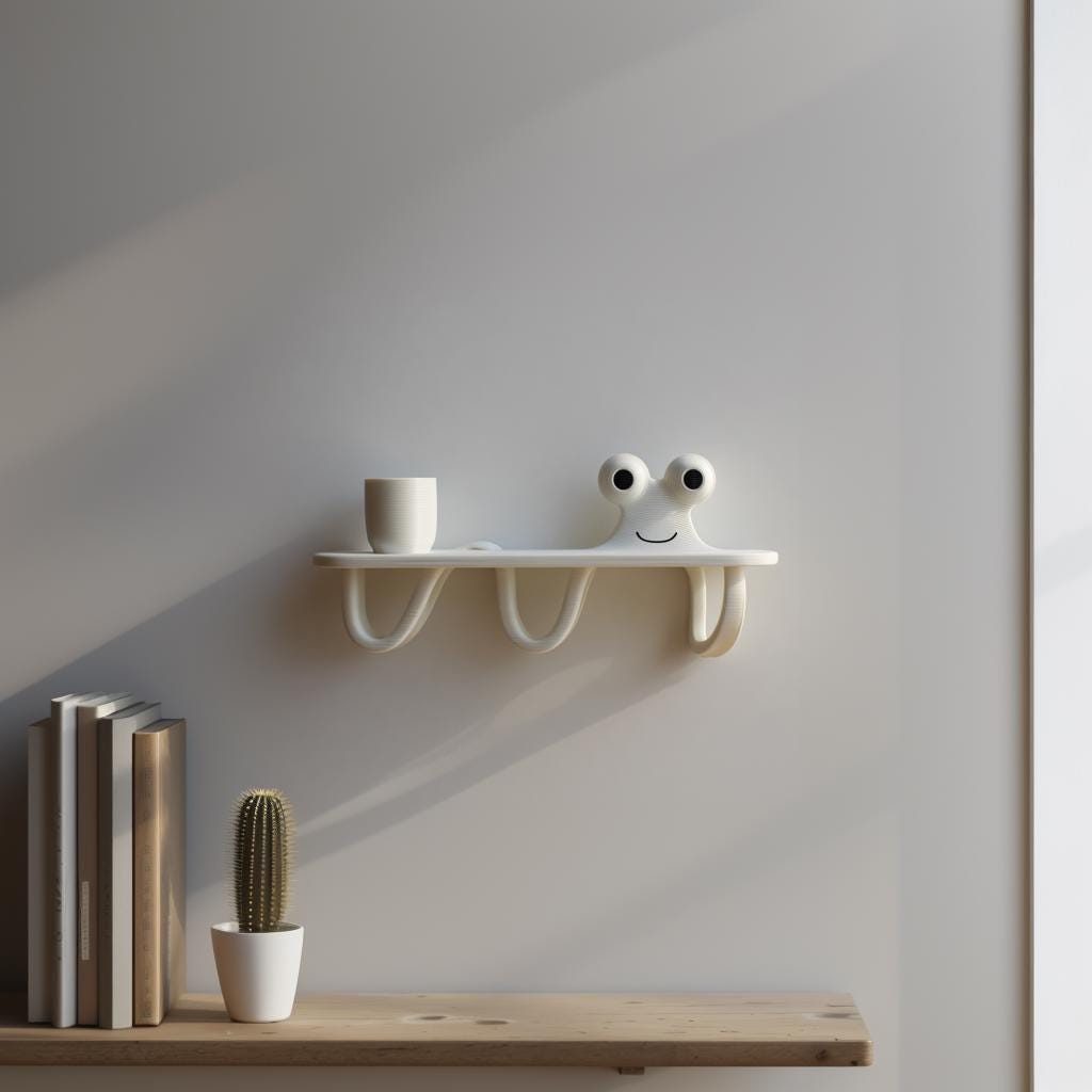 3D Printed Squiggle Friend Wall Shelf | Minimalist Character Floating Ledge with Curved Hooks | Playful Room Decor Accent for Cozy Home