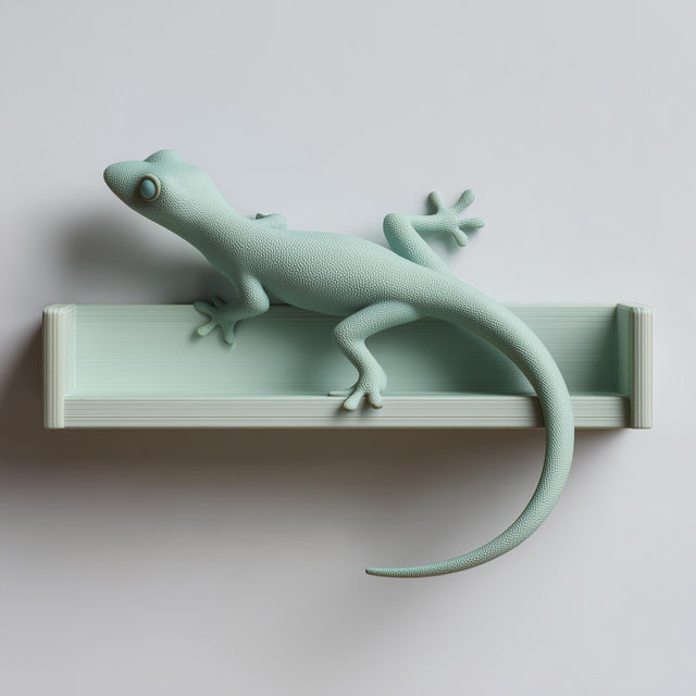 3D printed matte PLA wall shelf with an integrated gecko figure stretched along the ledge, its long tail hanging down against a light wall.