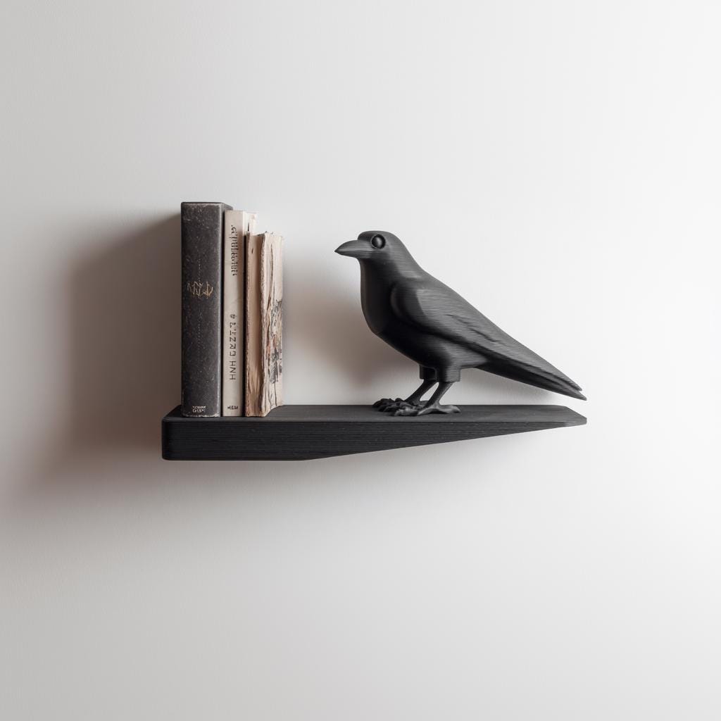 3D Printed Raven Wall Shelf | Minimal Bird Bookend Floating Ledge Display | Gothic Modern Room Decor Accent for Reading Nooks and Offices