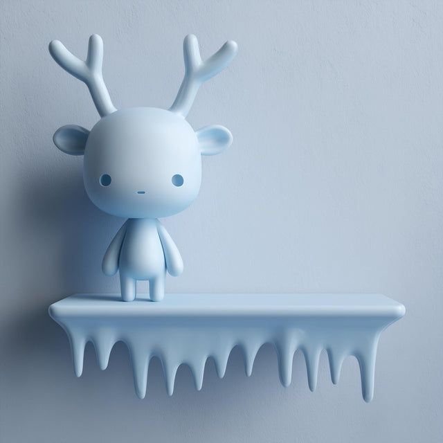 3D printed wall shelf with a smooth icicle-edge ledge and a small antlered character standing on top, mounted on a light-colored wall.