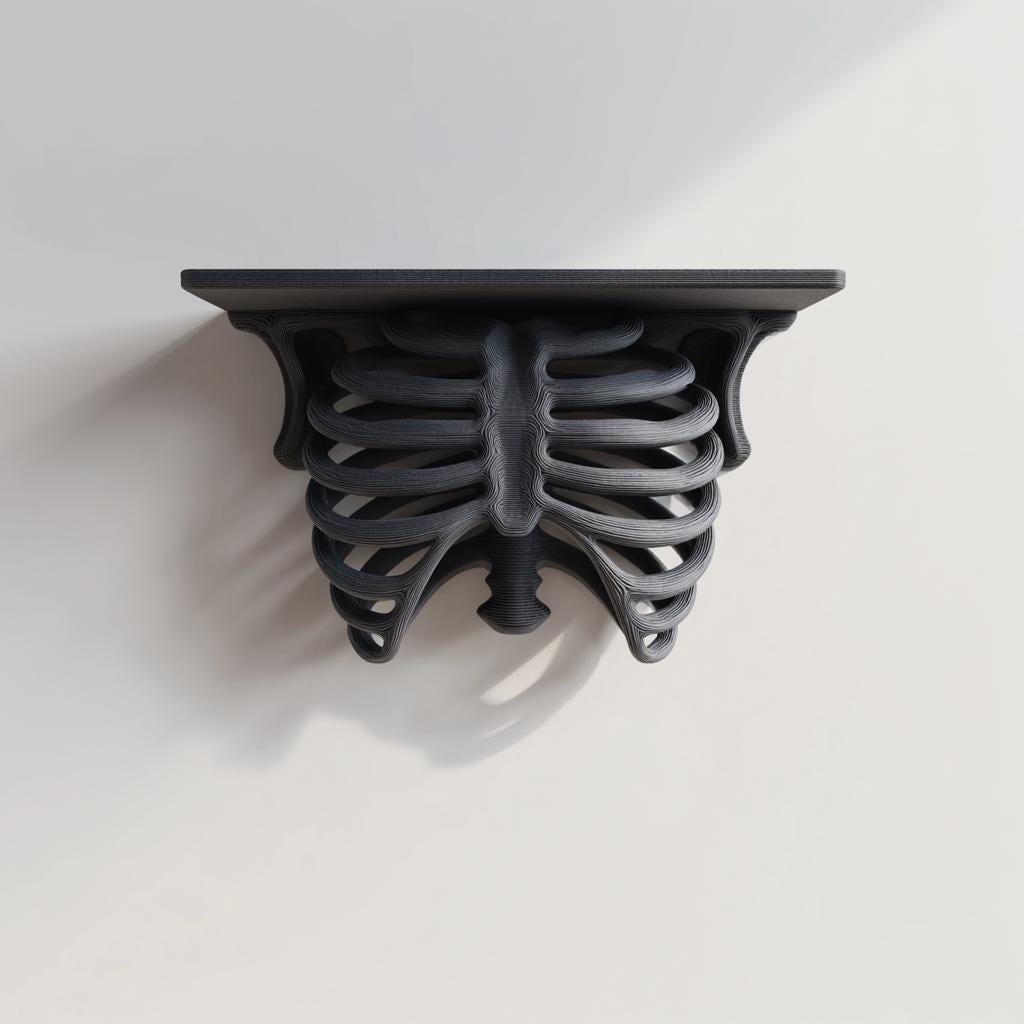 3D Printed Ribcage Wall Shelf | Gothic Spine Console Ledge | Dark Anatomical Horror Decor for Skulls, Candles, Crystals & Books Display