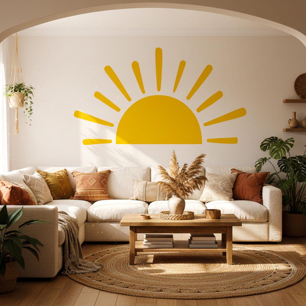 Minimalist yellow half-sun wall decal with stylized rays, suitable for a gender-neutral nursery, bohemian bedroom, or children's playroom decor.