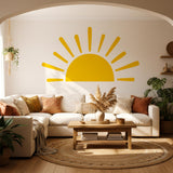 Minimalist yellow half-sun wall decal with stylized rays, suitable for a gender-neutral nursery, bohemian bedroom, or children's playroom decor.