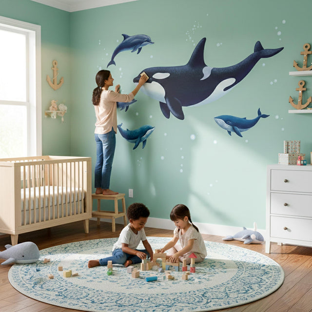 Realistic illustration of a large black and white orca swimming with two grey dolphins and two blue whales, surrounded by bubbles, designed as a vinyl wall decal for ocean-themed room decor.