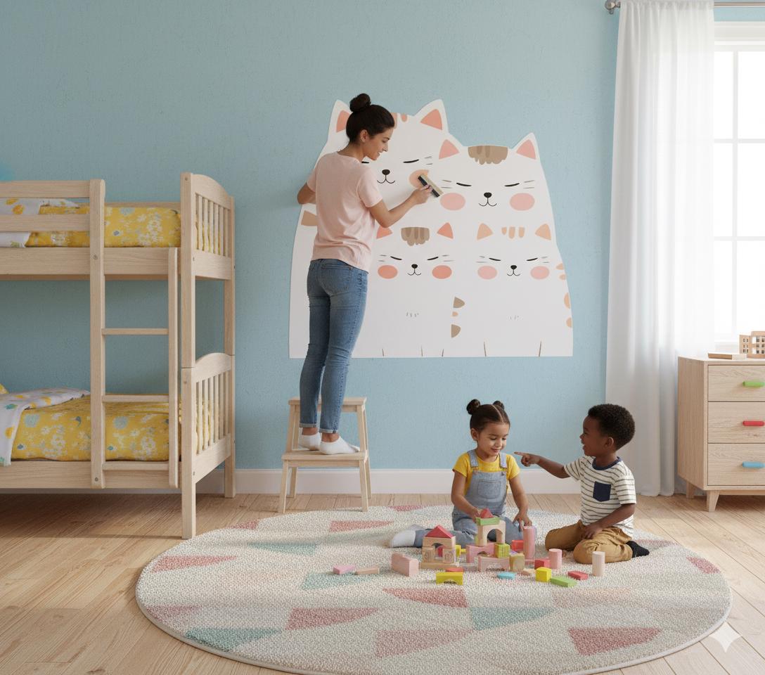 Cute Cat Family Wall Decal | Nursery Animal Sticker | Kittens Wall Art | Kids Room Decor | Cozy Bedroom Mural | Removable Vinyl | Baby Gift