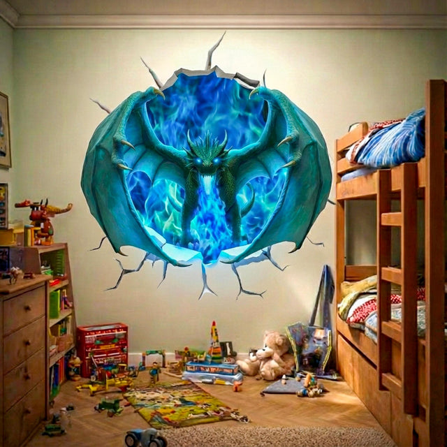 A high-detail 3D wall decal showing a green dragon with glowing blue eyes and massive wings emerging from a circular crack in a white wall, surrounded by vibrant blue flames.
