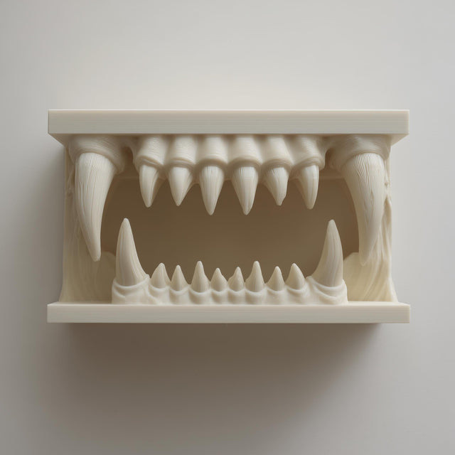 3D printed matte PLA wall shelf shaped like a wide monster jaw with upper and lower fangs forming a small display nook in the mouth.