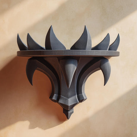 3D printed dark fantasy wall shelf with curved spikes like a black crown, mounted on a warm beige wall in natural light.