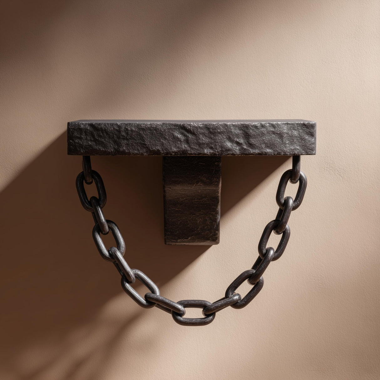3D printed dark gothic wall shelf with a single hanging chain forming a curve beneath a stone-look rectangular ledge.