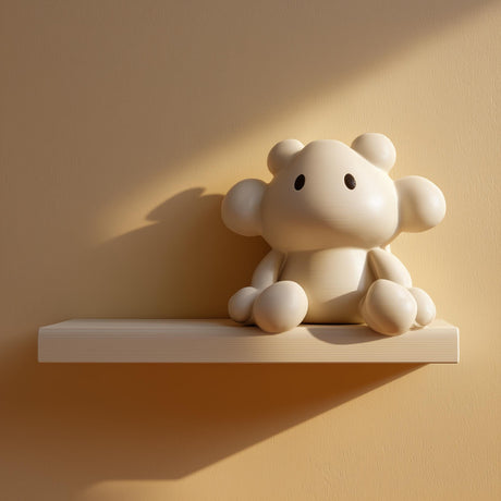3D printed matte PLA wall shelf with an integrated kawaii blob creature figure sitting on the ledge against a warm yellow wall