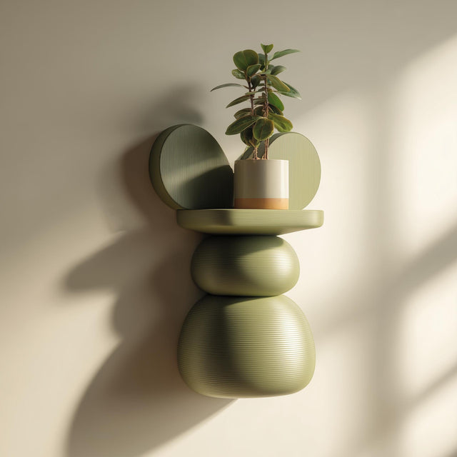 3D printed wall-mounted shelf with an abstract stacked sculptural form and a small plant placed on a shallow floating ledge.